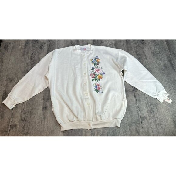 Morning Sun Tops - Vintage Morning‎ Sun Sweatshirt Grandma Flower Button Up White USA Made NEW